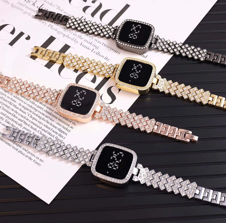 Stylish Women’s Luxury Diamond Watch – Stainless Steel Band LED Touch Electronic Watch