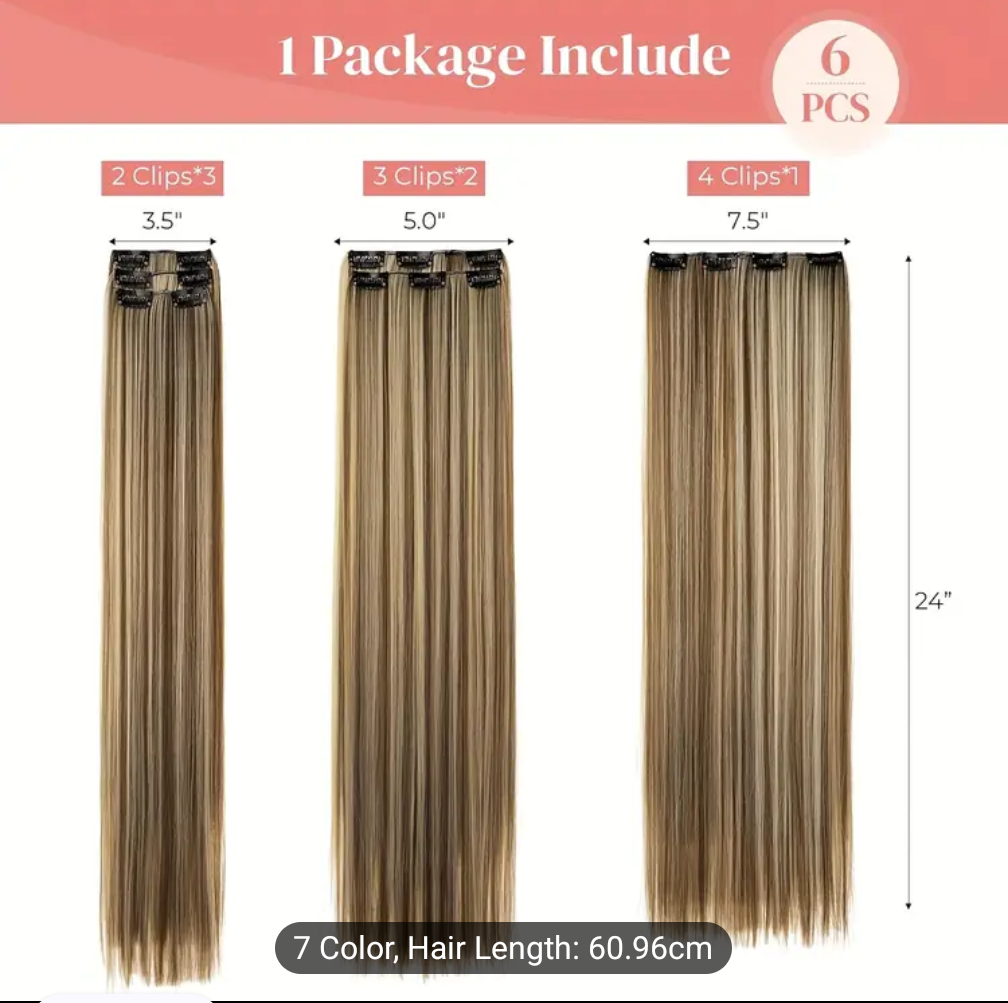Clip-In Hair Extensions for Women 7 Pieces 16 Clips - Thick Long Lightweight Hairpiece - Jet Black, Brown, Golden & Burgundy