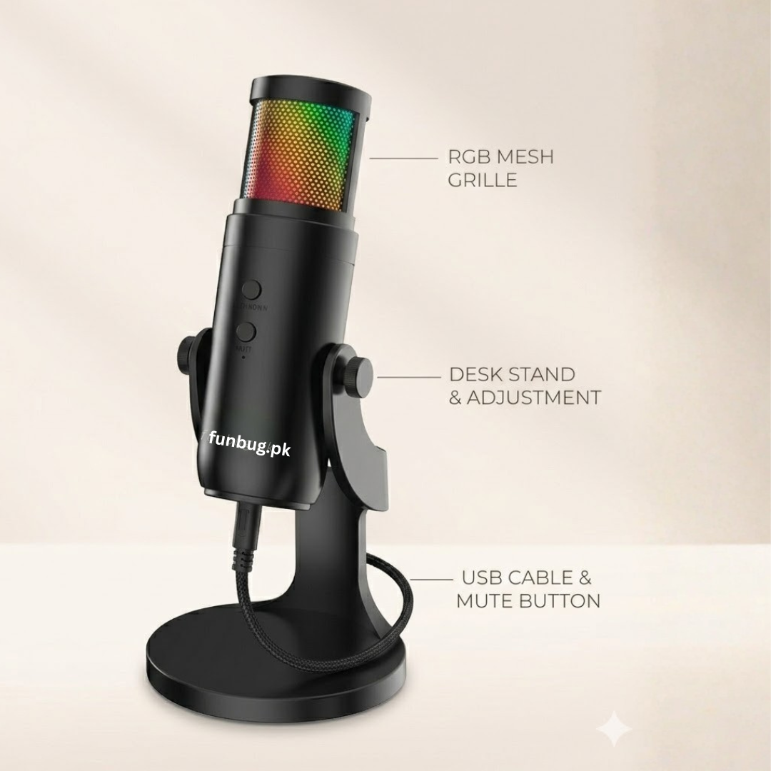 Xtrike-Me Professional Condenser Microphone for Studio Recording - USB Powered Omnidirectional Dynamic Gaming Mic for Mobile, PC, Desktop, Podcasting, Live Streaming, Singing, ASMR, Youtube - 12 RGB Lighting Modes - 360° Rotatable Body - XMC03 by FunBug
