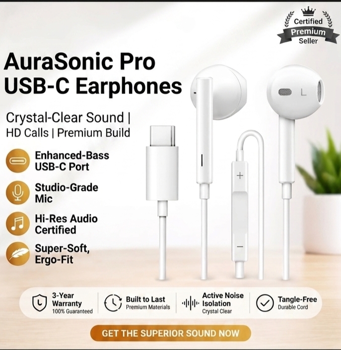 Type-C Wired Stereo Earphones with Microphone | In-Ear Handsfree | HD Sound | Volume Control | USB-C Compatible
