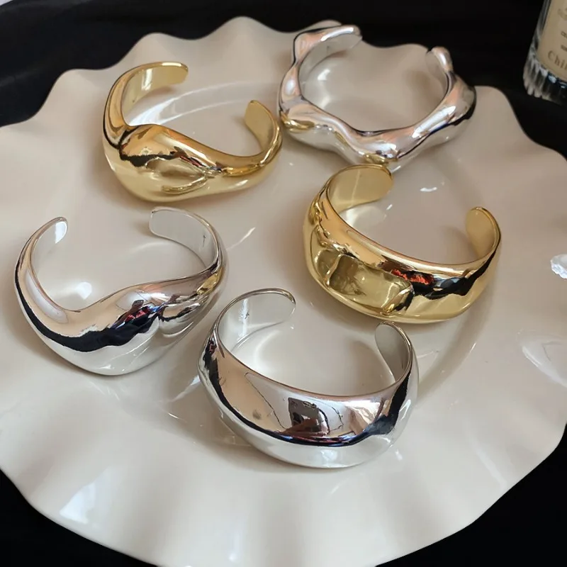 Irregular Geometric Glossy Opening Bangle for Women Personality Metal Bangles Exaggerated Design Fashion Jewelry Party  A1