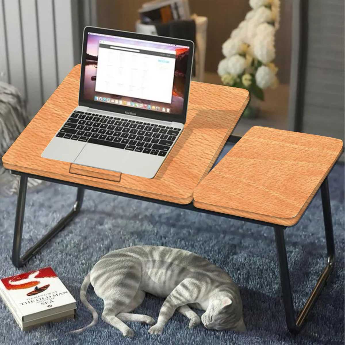 Adjustable Wooden Gaming Laptop Table With For Bed 4 Level Adjustment Board Foldable Stand Ergonomic Portable Drawing Notebook Reading Food Breakfast Serving With Mouse Space Couch
