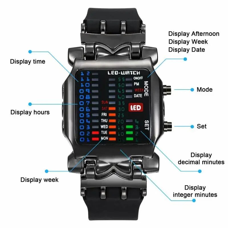 Binary Led Watch Creative Waterproof Business Electronic Watch Mens Trend Luminous  Sports Couple Date Time Display Watch