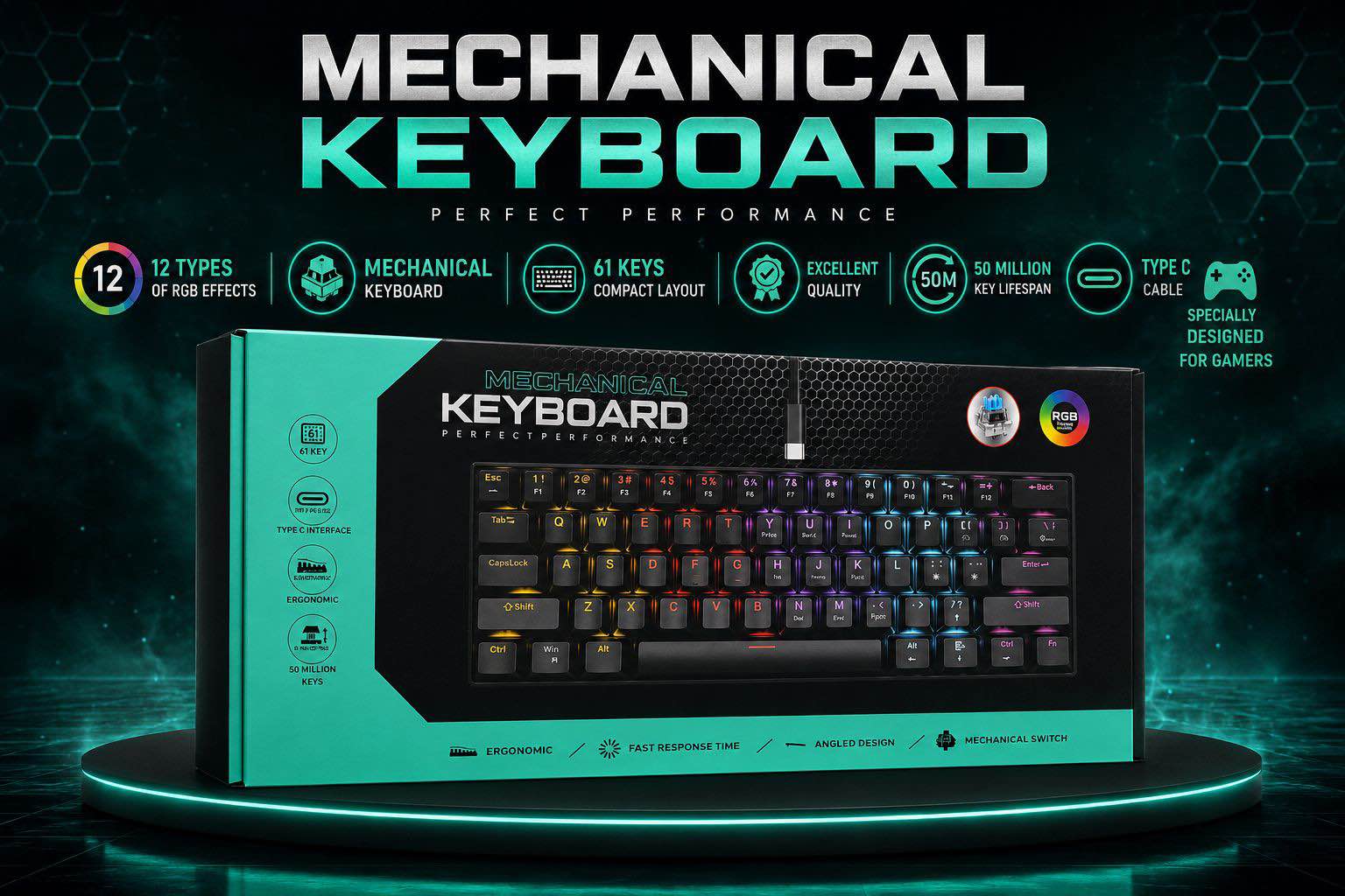 GAMING MECHANICAL RGB LIGHT 61 KEY WIRED KEYBOARD
