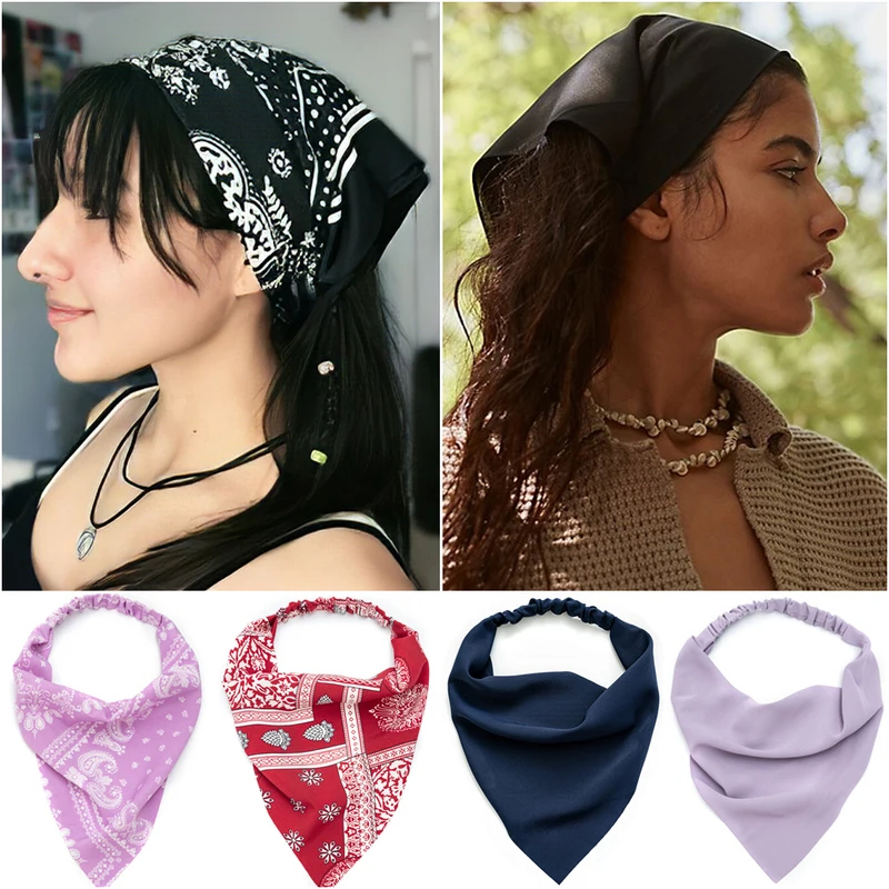 1/2pcs Summer Women Solid Color Head Scarf Vintage Triangle Bandanas Chiffon Elastic Hairbands Children Girl Headbands Hair bandana for girls