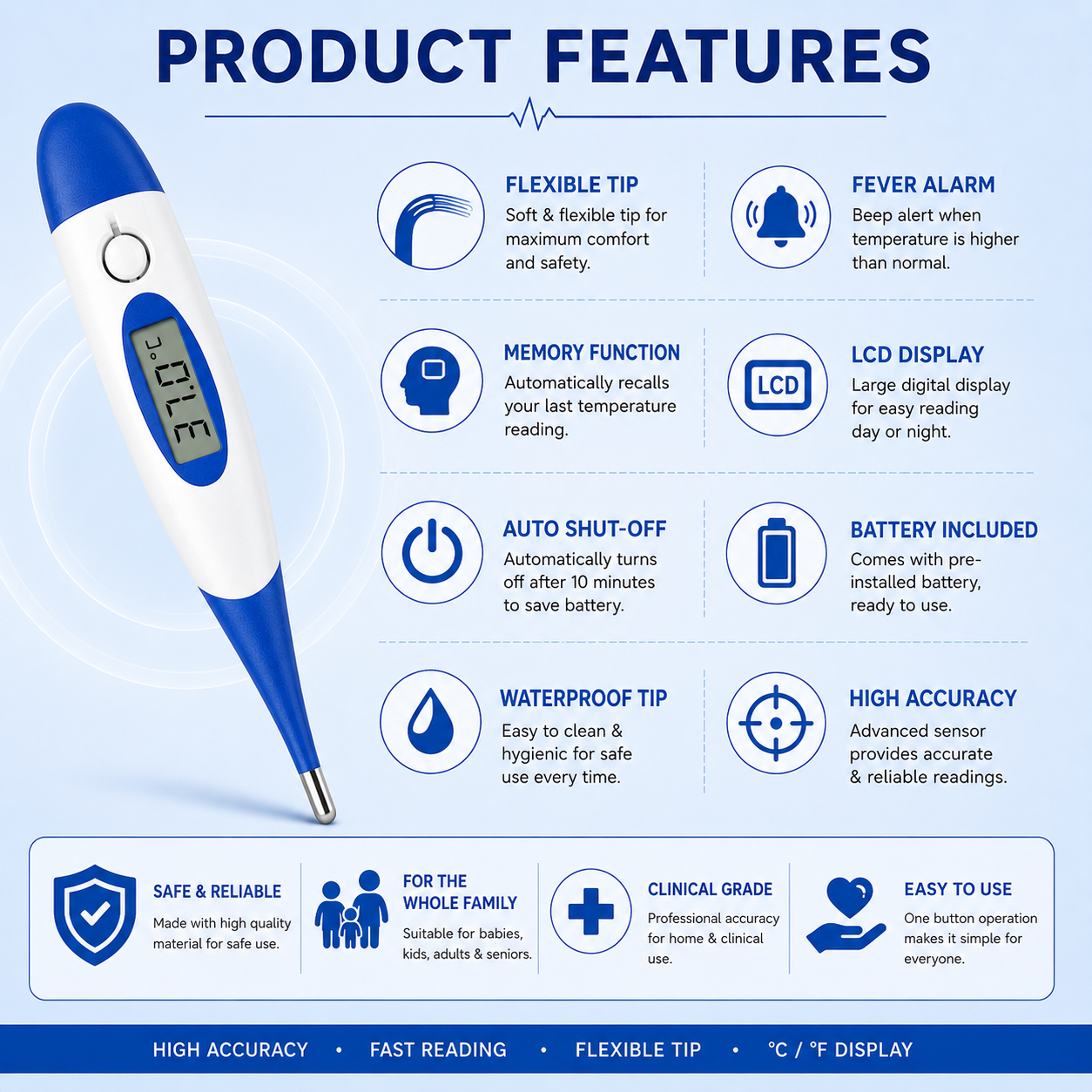 Digital Thermometer |  Fast Reading | Fever Alarm | LCD Display | Celsius & Fahrenheit | Combo Pack