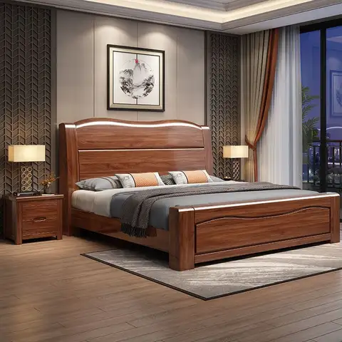Elegant Chinese Solid Wood king Size Bed with 2 Side Tables & One Sided Under storage