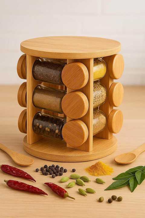 12 Pcs Bamboo Wooden Spice Jar Set | Spice Rack Organizer | Kitchen Masala Storage Containers | Seasoning Jars Set