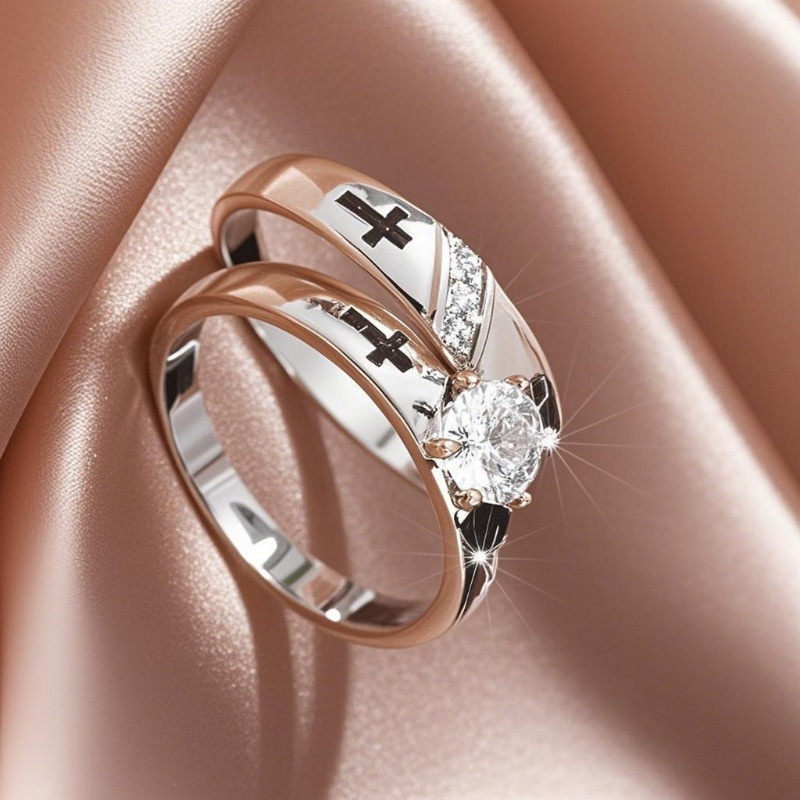 2Pcs Romantic Wedding Ring for Woman Men Cross Zircon Couple Rings Fashion Engaged Promise Jewelry  Fine Jewelry