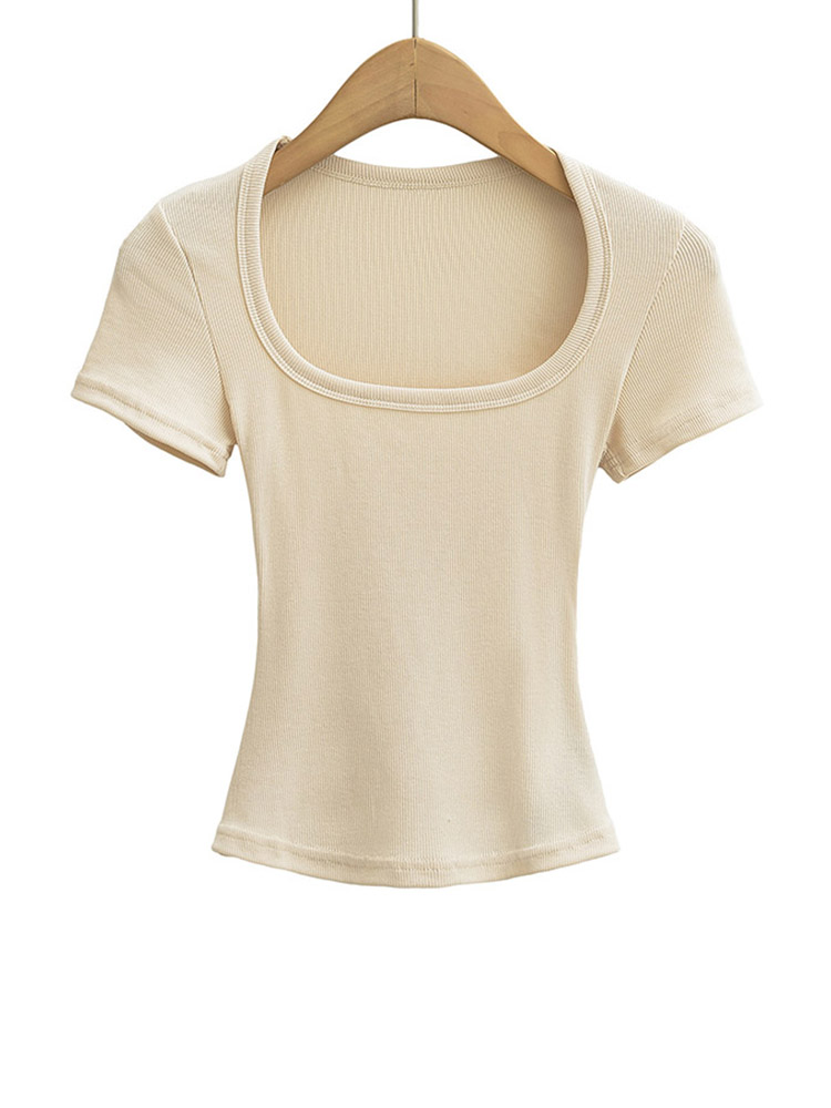 Women's Square Collar Slim Fit Crop Top High Stretch Short Sleeve Pullover  Summer Blouse T-shirt Bottoming
