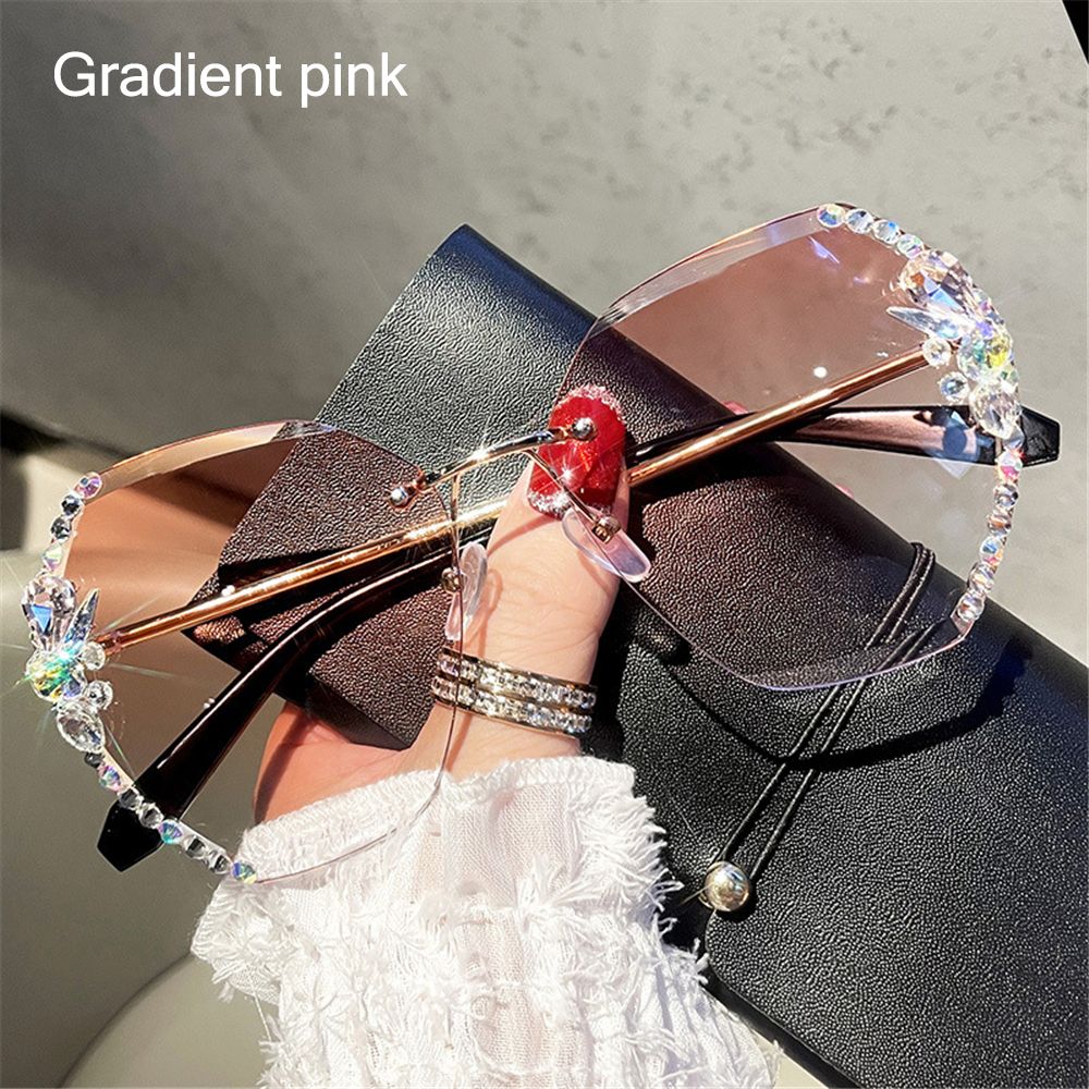 Vintage Cutting Lens UV400 Rhinestone Sunglasses Women Sun Glasses Rimless Sunglasses Gradient Rimless Sunglasses