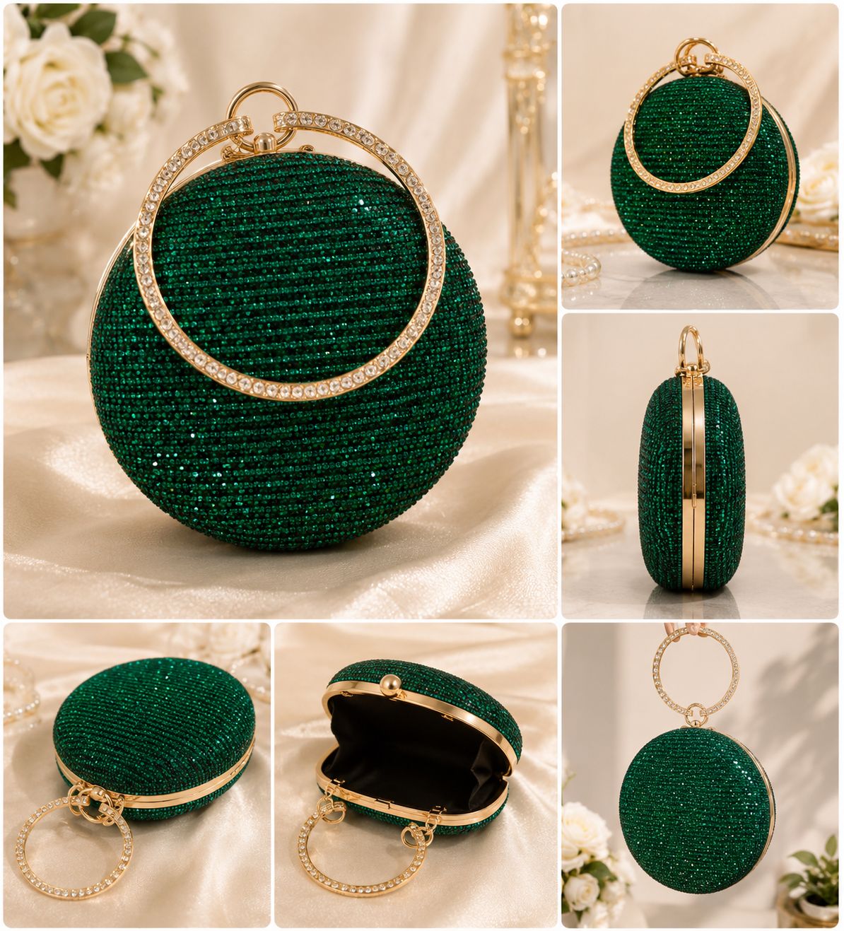 Emerald Green Sparkly Rhinestone Bridal Evening Clutch Bag | Crystal Top Handle Party Purse for Wedding | Rhinestone Evening Clutch Bag for Women|Ladies Bridal Wedding Party Purse | Crystal Top Handle Handbag |Elegant Glitter Cluth For Wedding