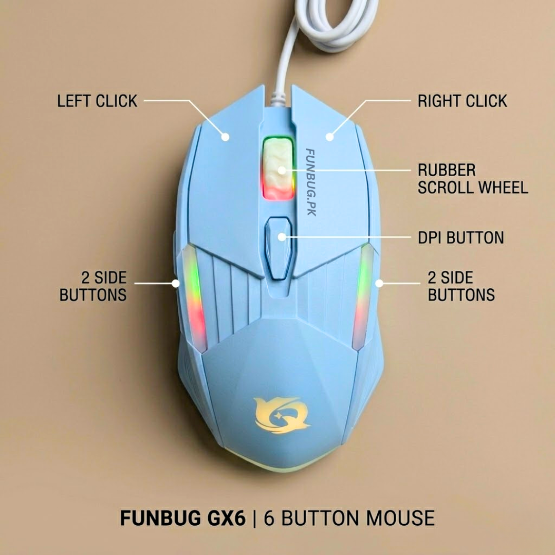 High Performance Ergonomic Gaming Mouse with 6 Programmable Buttons & RGB Breathing Lights | Silent Clicks, Adjustable 3200 DPI, 1.5M Fiber Wire Optical Mice for PC, Laptop, Pubg Mobile with FREE MousePad by FunBug