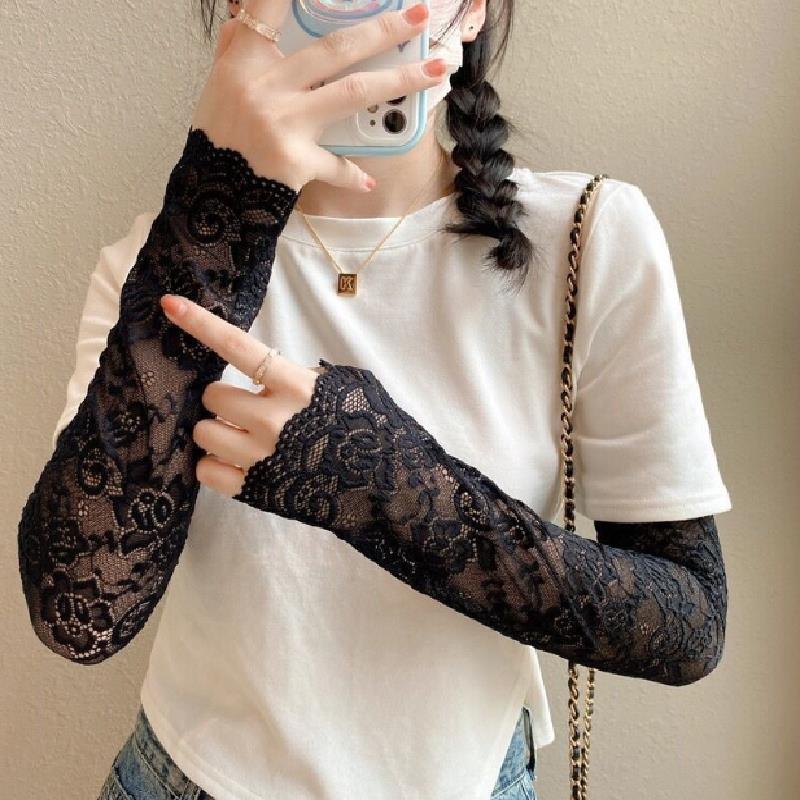 Women Summer Ice Silk Lace Arm Sleeve Elastic Sleeve Driving Gloves Black White Long Fingerless Mittens Sunscreen Gloves