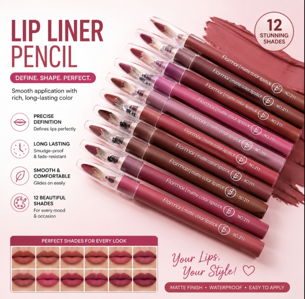 Matte Lip Liner Pencil Set – 12 Beautiful Shades | Waterproof, Smudge Proof, Long Lasting | Soft Creamy Lip Contour Pencil with Built-in Sharpener | Professional Makeup