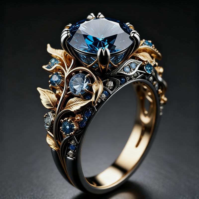 Gold Color Leaf Shaped Inlaid Blue Synthetic Zirconia Ring Suitable for Women's Banquets Engagements Jewelry Accessories 