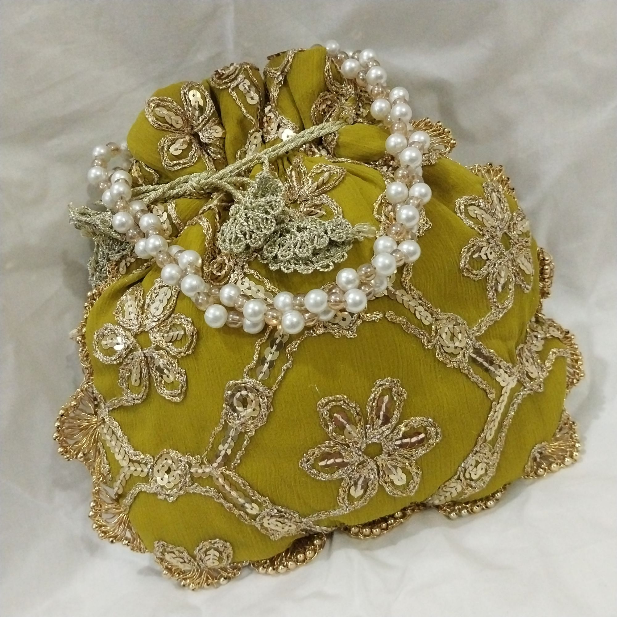 Embroidered Potli Clutch Bag with Pearl Handle for Party Wear