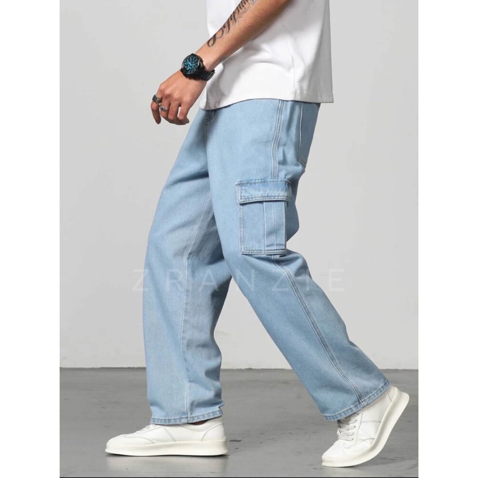 Men’s Sky Blue 6 Pockets Cargo Wide Leg Denim Jeans | Men’s Cargo Baggy Jeans | ZRANZIE