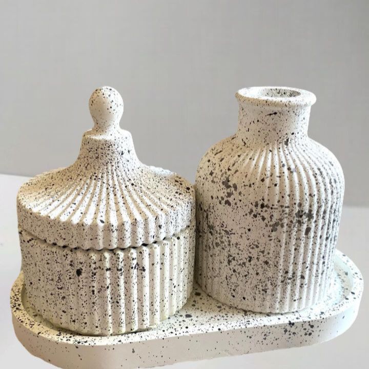 3 Pcs Set of Home Decor  1x Ribbed Concrete Mini Flower Vase, 1x Ribbed Concrete Trinket Jewellery Storage Box & 1x Oval Shaped Concrete Trinket Tray  Storage & Organisation  Decorative Accents  Jewellery Armoires & Boxes  Gift Sets