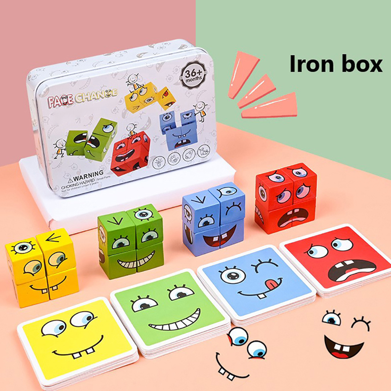 Wooden Expressions Matching Block Puzzles, Puzzle Building Cubes Blocks,Educational Puzzles Toy Board Games