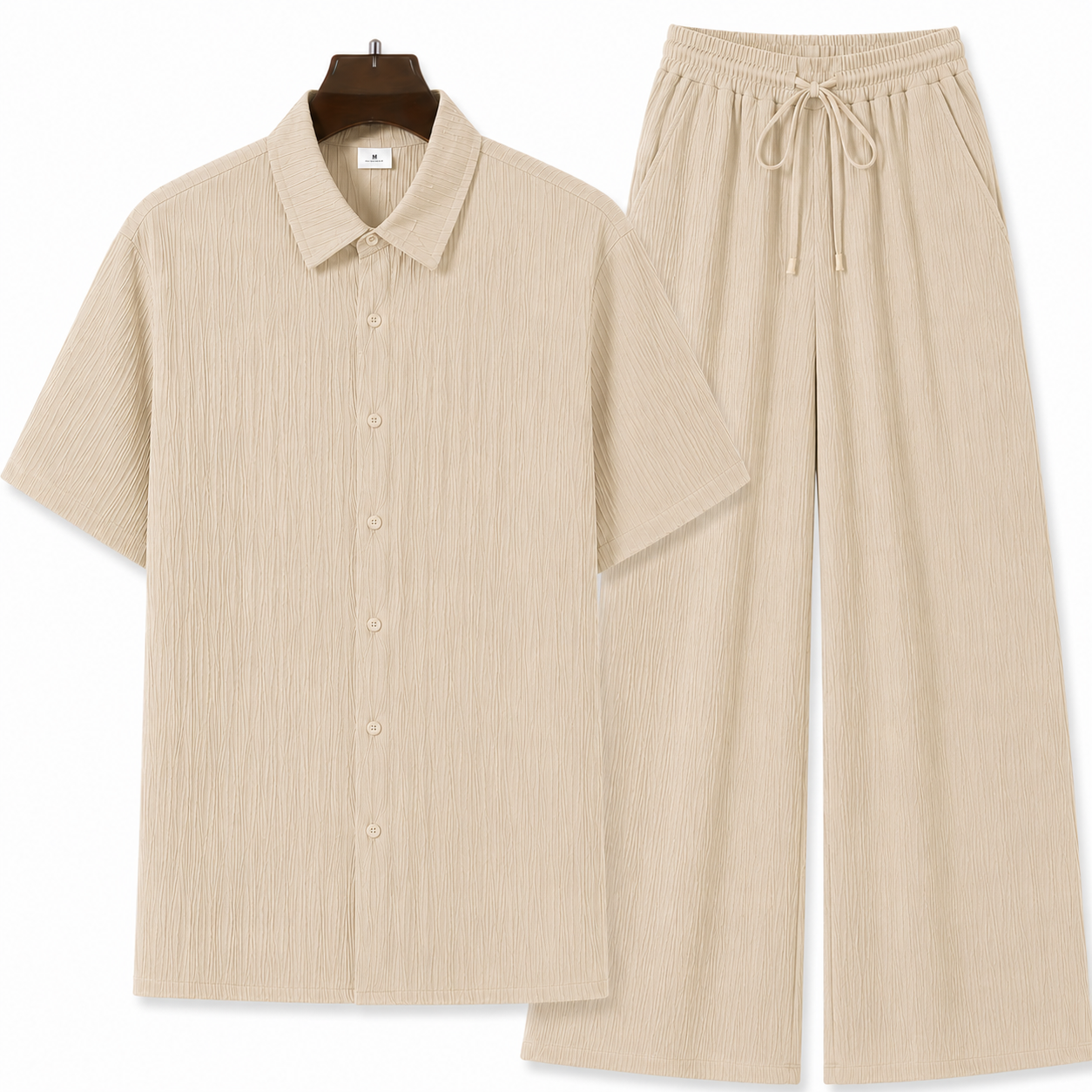 The Nargis Bano|Men's Textured Co-Ord Set 2 Piece | Short Sleeve Button Down Shirt & Wide Leg Trousers | Lightweight Summer Casual Matching Outfit for Men
