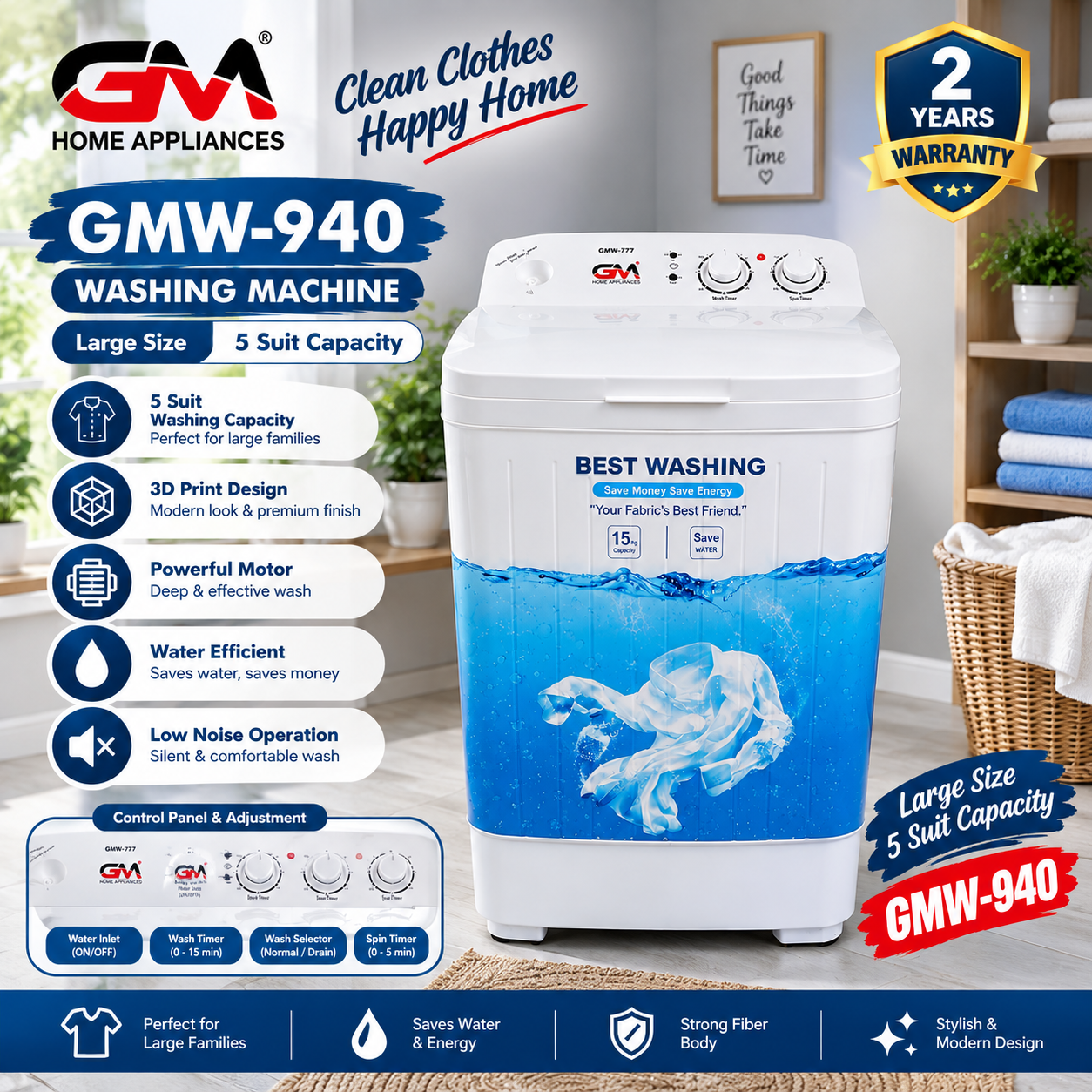 GM Washing Machine GMW-940 | 5 Suits Washing Capacity | Full Pure 3D Design | Powerful Washing Performance | GM Home Appliances