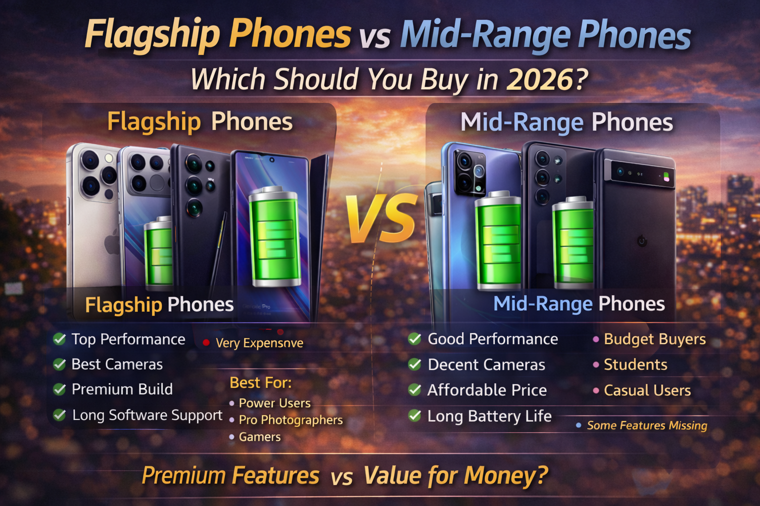 Flagship vs mid-range smartphone comparison showing performance camera quality build design and price differences