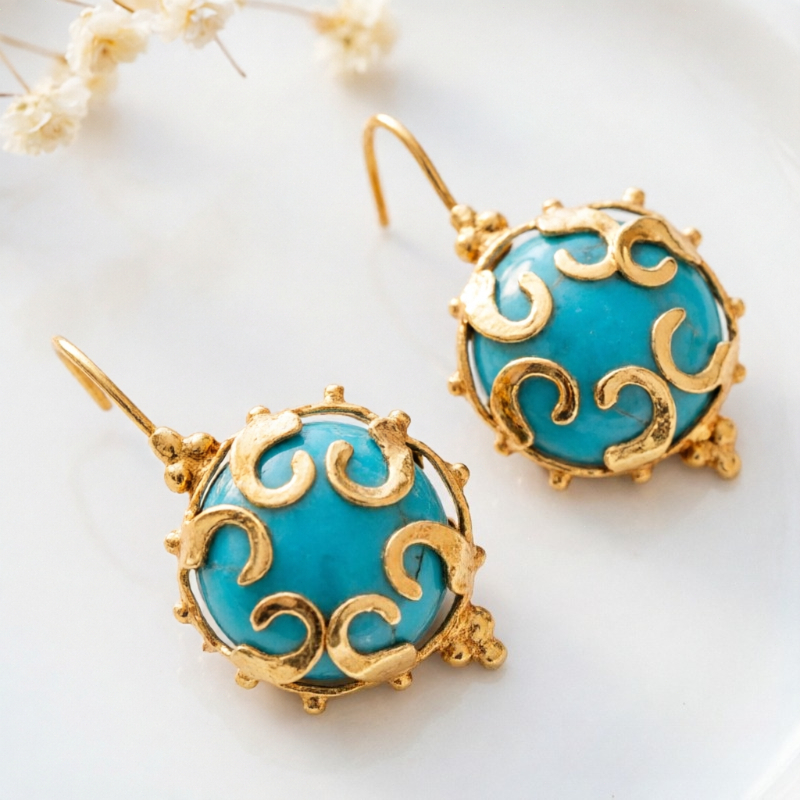 Vintage Chic Design Inlaid Synthetic Turquoise Hollow Dangle Earrings for Women Elegant Luxury Festival Celebration Fine Jewelry