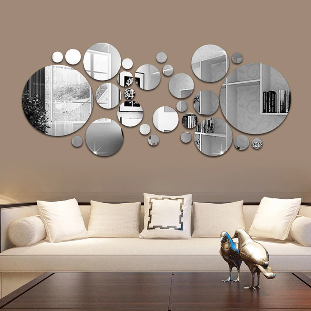 26PC 3D Acrylic Mirror Wall Stickers Set Round Adhesive Reflective Decorative Panels for Living Room Bedroom TV Background Decor