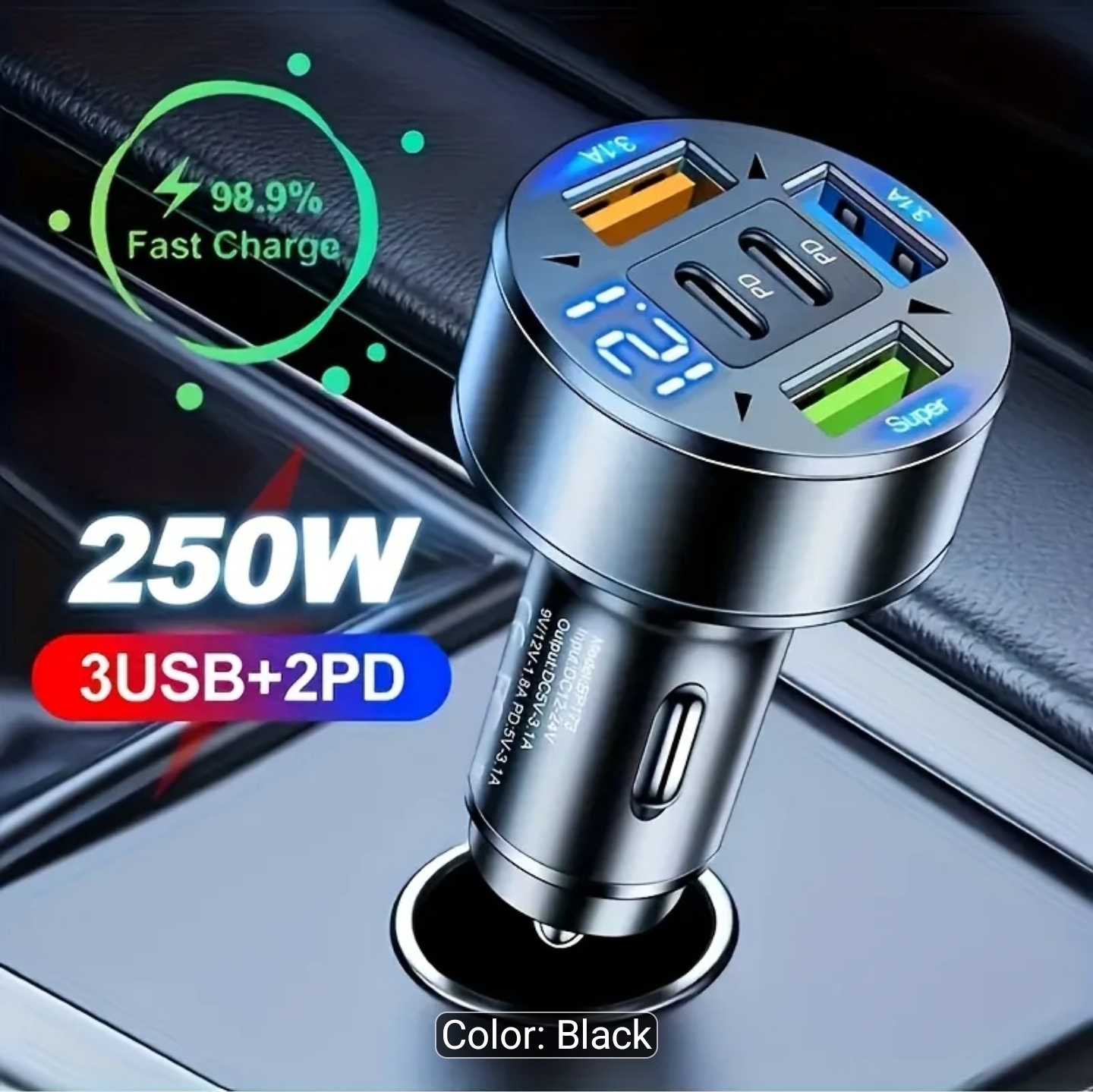 2026 Upgraded Fast-Charge Digital Display Car Charger | Features 2 PD and 3 USB-C Ports, Portable, Designed for Drivers and Passengers, Wireless Charging Adapter, Travel-Friendly