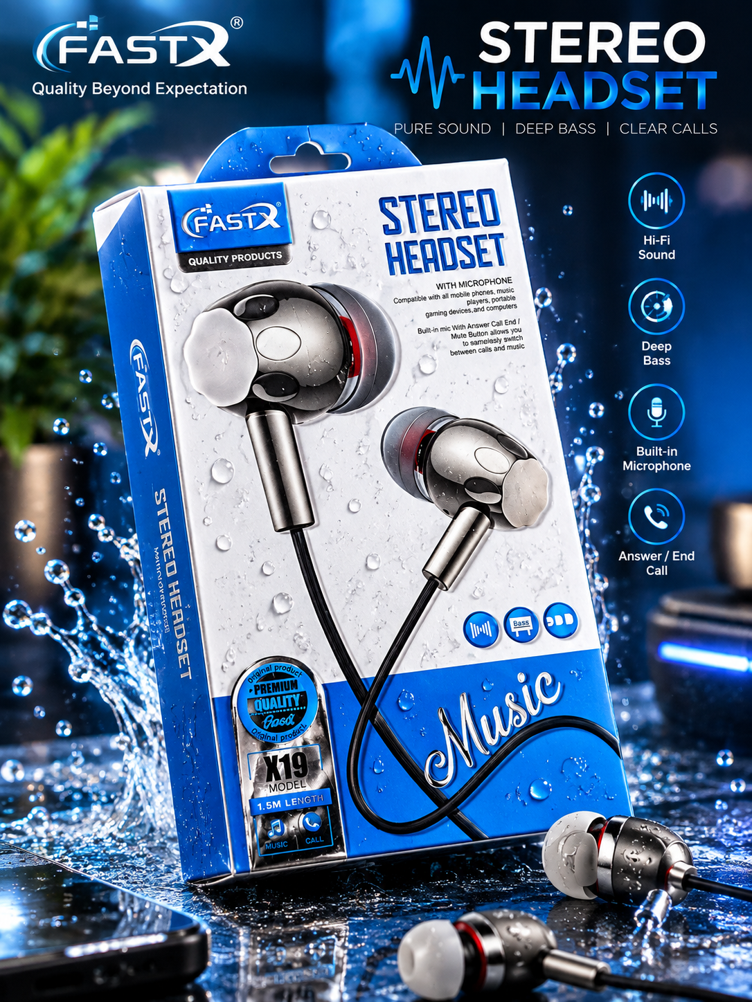 FASTX X19 Wired Earphones with Mic | Stereo Handsfree with AUX | HD Sound & Deep Bass | 3.5mm Jack