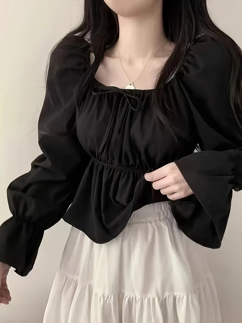 Elegant Square Neck Ruffle Blouse - Solid Color Shirting with Flared Sleeves - Spring/Fall Collection for Adult Women's