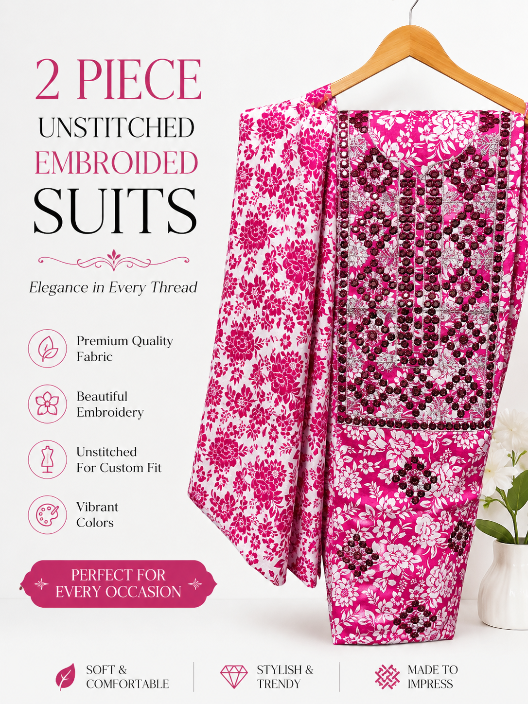 Women Summer Cotton Mirror Work Embroidered 2 Piece Unstitched Suit – Lightweight Casual Wear