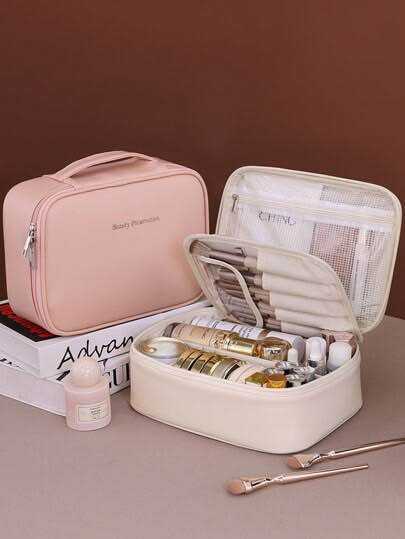 Imported Cosmetic Bag Double Partition | Makeup Organizer Bag with Brush Holder | Travel Makeup Pouch | Brown & Black