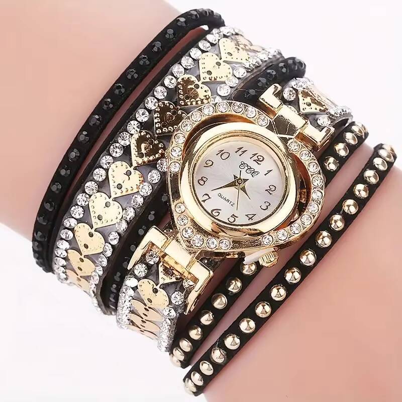 Fashion Rhinestone Heart Dial Women Watches Long Leather Strap Bracelet Wristwatch Reloj Mujer Girls Clock