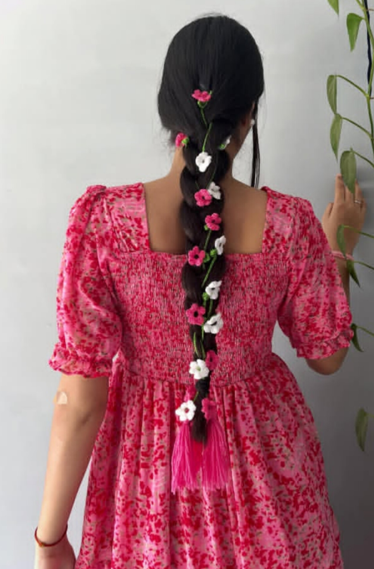 handmade Crochet paranda  Hair Strand, Long Floral Hair Accessory with Multiple Flowers, Yellow and Green, for Kids, Teens and Women
