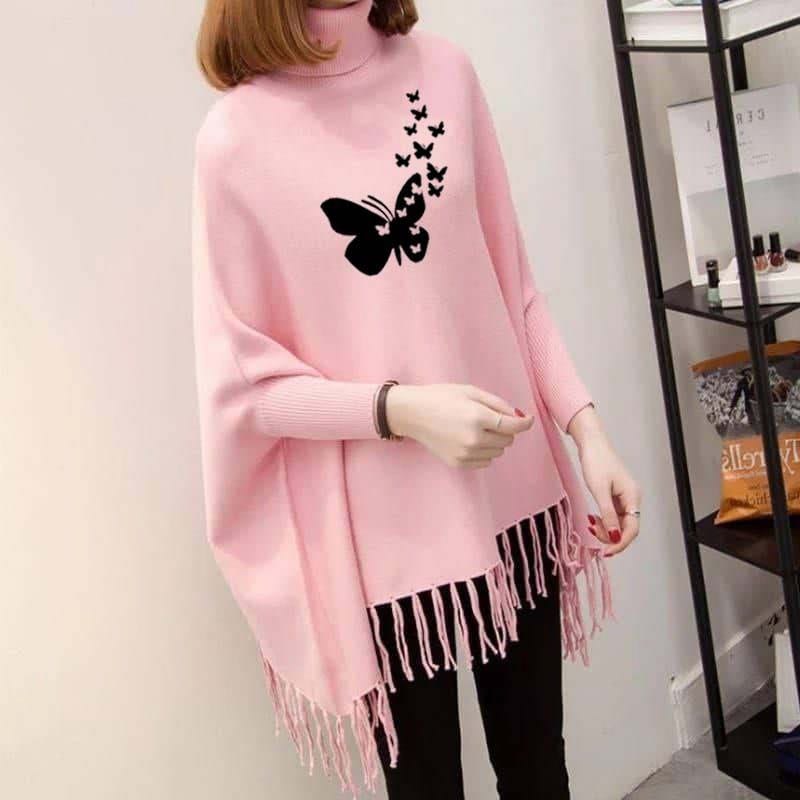 Butterfly Printed Bat Wing Style Winter Poncho For Women