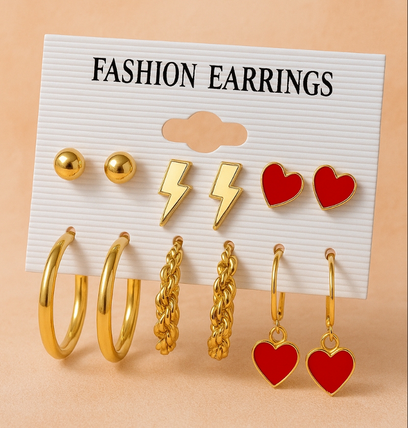6 Pairs Of Red Charming Trendy Fashion Earrings Set For Girls and Women