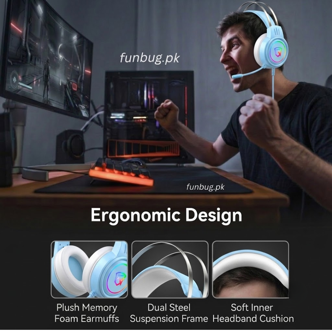 【Professional】 G60 Gaming Headphones Rgb with Mic for PC, Pubg Mobile, PS4, Laptop - 360 Surround Sound Super Bass Vibration Over the Ear Wired Head Phones Headset for Gaming with Noise Cancelling Micophone - By FunBug