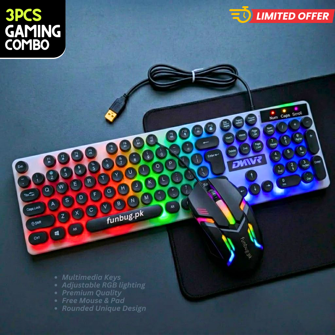 【DKWR】 Gaming Keyboard and Mouse RGB in Low Price with Mechanical Feeling & FREE Gaming MousePad - Membrane Back Light Key Board with Glowing Luminous Keys - Wired for Mobile Pubg Laptop PC Computer Game - 112 Keys - By FunBug