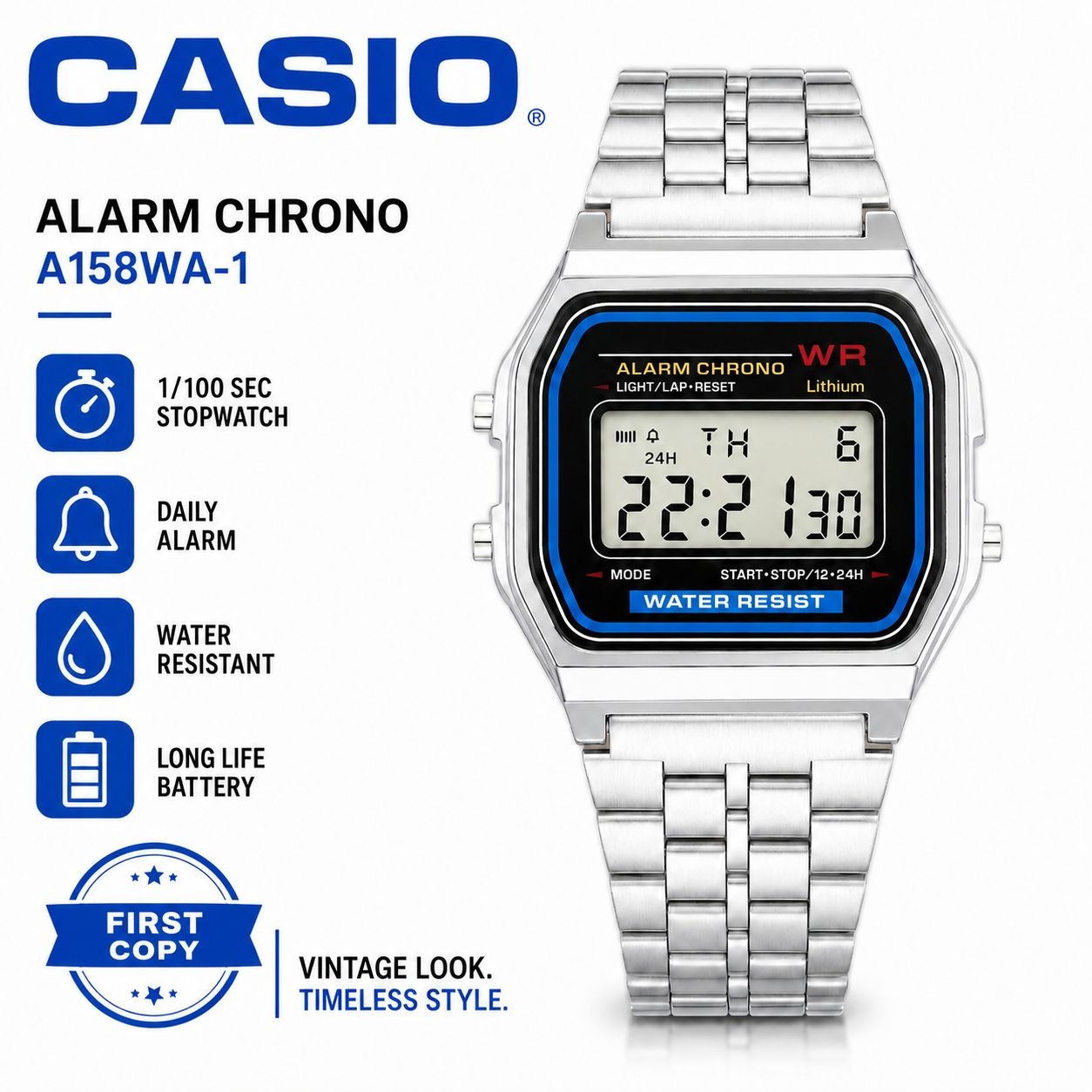 Casio Unisex Adult Digital Watch with Stainless Steel Strap Silver,  Bracelet