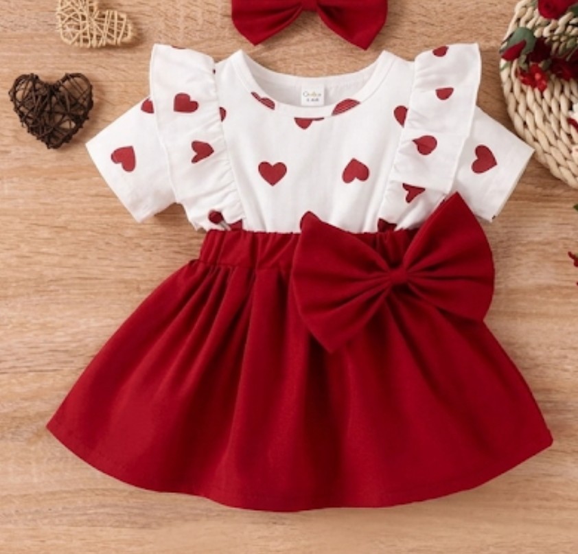 2 piece summer collection baby girl dress shirt style ❤️ heart print red and white with head band