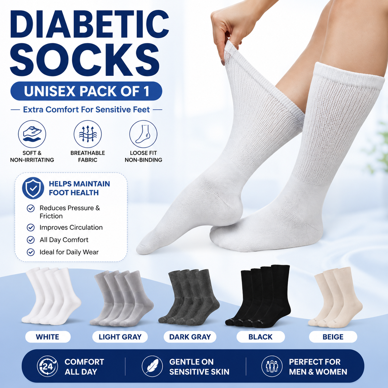 Diabetic Socks Unisex | Soft Cotton Non-Binding Top Breathable Everyday Socks | Size 6, 7 & 8 (39–42) | Pack of 1 Pair