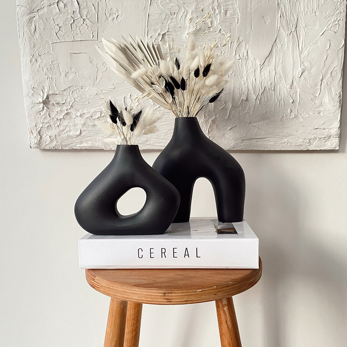 Set of 2 Circular Black Hollow Vases, Small and Large Donut Design, Boho Style