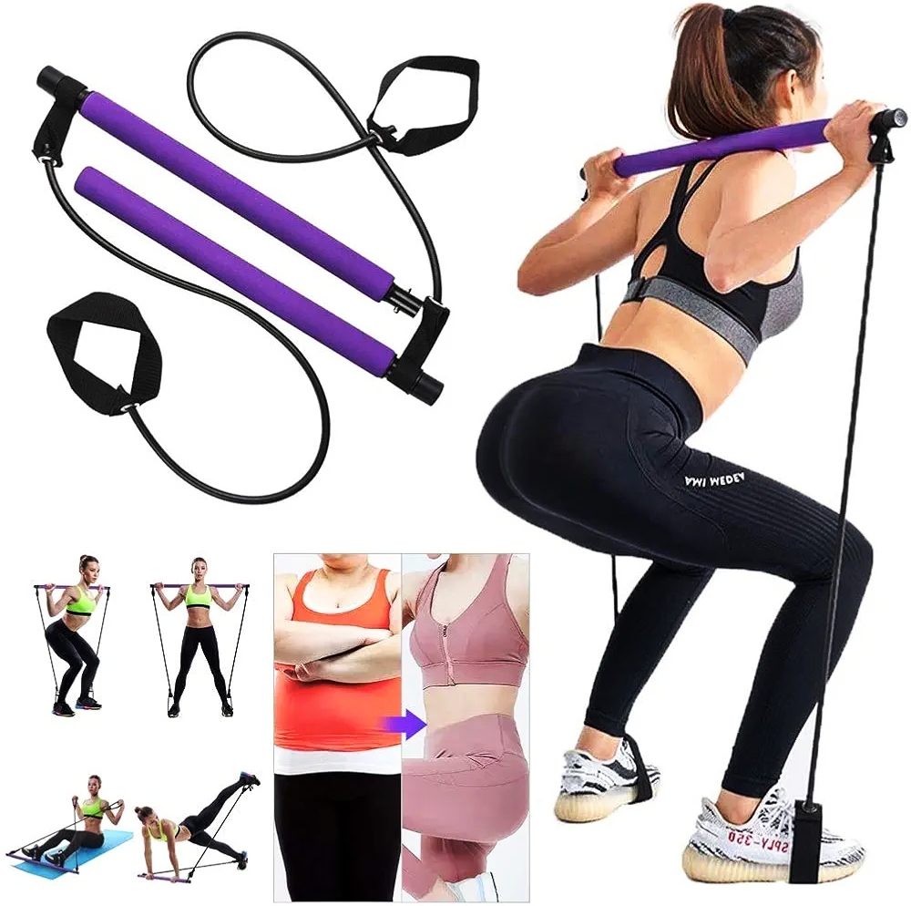 Bodybuilding Yoga Pilates Stick with Foot Loop, Portable Pilates Bar Kit with Resistance Band Yoga Pilates Stick Yoga Exercise Total Body Workout, Yoga, Fitness, Stretch, Sculpt, Full-Body Fitness Toning & Muscle Building | Home Workout/Gym