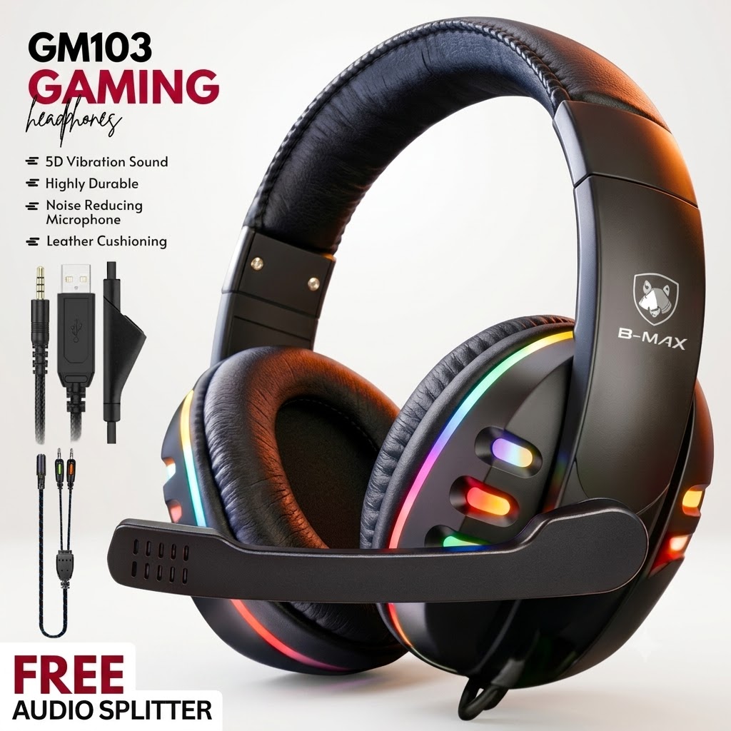 GM103 Gaming Headphones - Over-Ear Stereo Sound Rgb Headset with 360Â° Adjustable Noise Reducing Microphone for PC, Laptop, Mobile, PS4, Xbox - 3.5mm Wired Plug - Red & Black - By FunBug