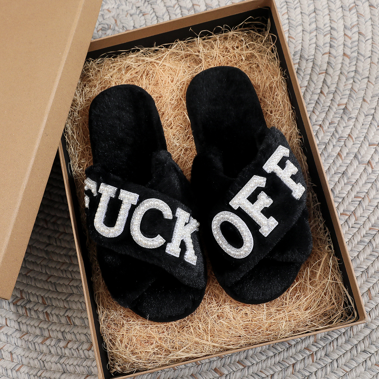 Light Luxury Black Cross-Strap Plush Home Slippers with Pearl Rhinestone Letters, Quirky and Unique, Non-Slip Soft Sole Indoor Slippers, Same Style as European and American Influencers, Women's Warm Thick Plush Bedroom Guest Slippers, Comfortable Plush...