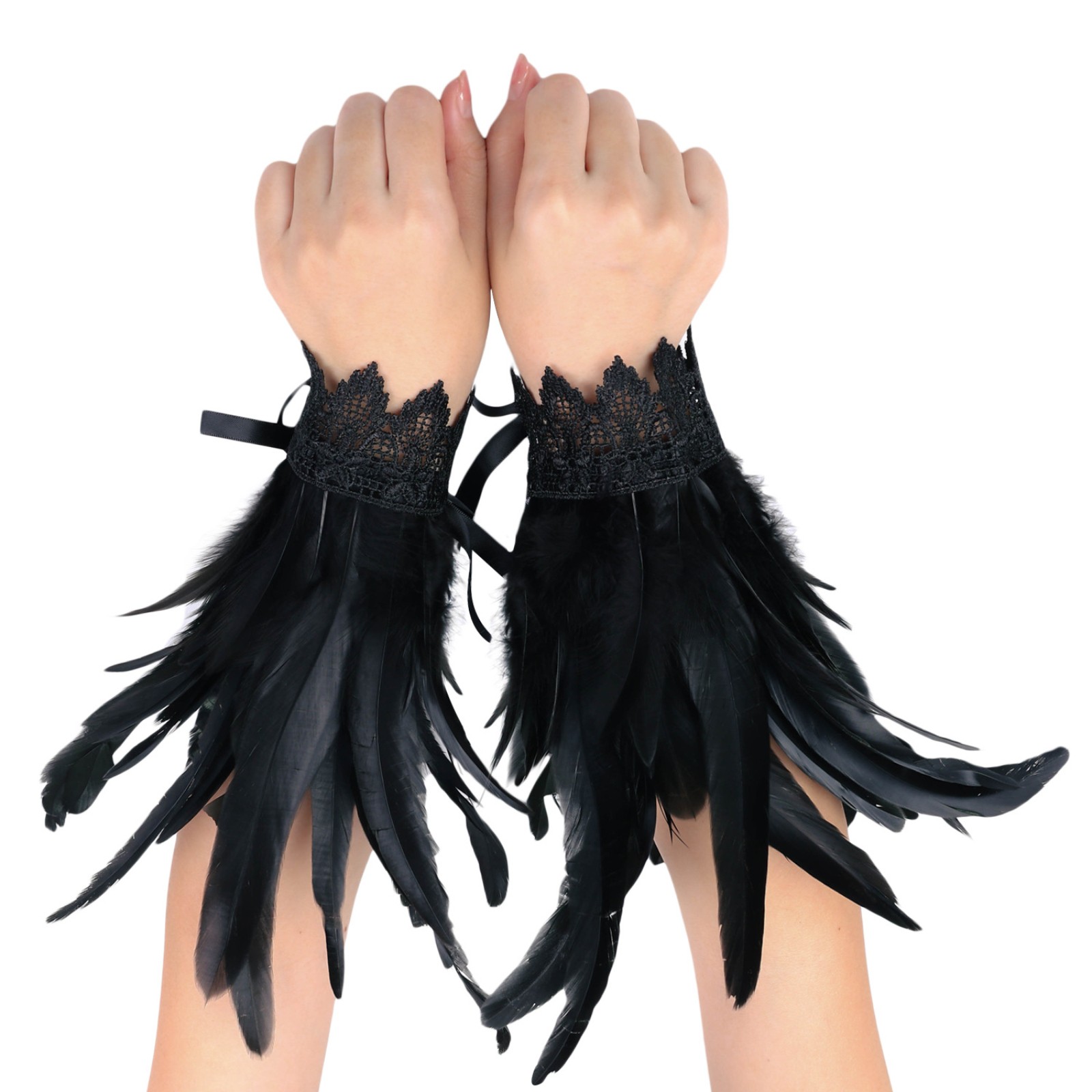 Punk Gothic Gloves Feather Wrist Cuff Stage Show Showgirl Natural Dyed Rooster Feather Arm Warmer Party Cosplay Costume