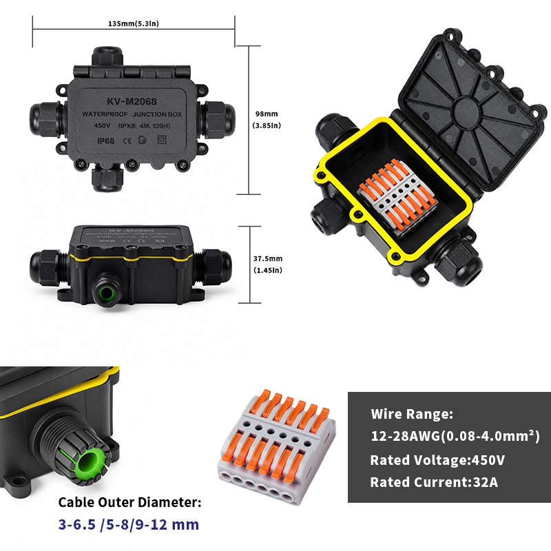 IP68 Waterproof Junction Box 2-8 Way 6 Pole Electrical Wire Connector 32A 450V 0.08-4.0mm² Cable Splice for Outdoor Lighting