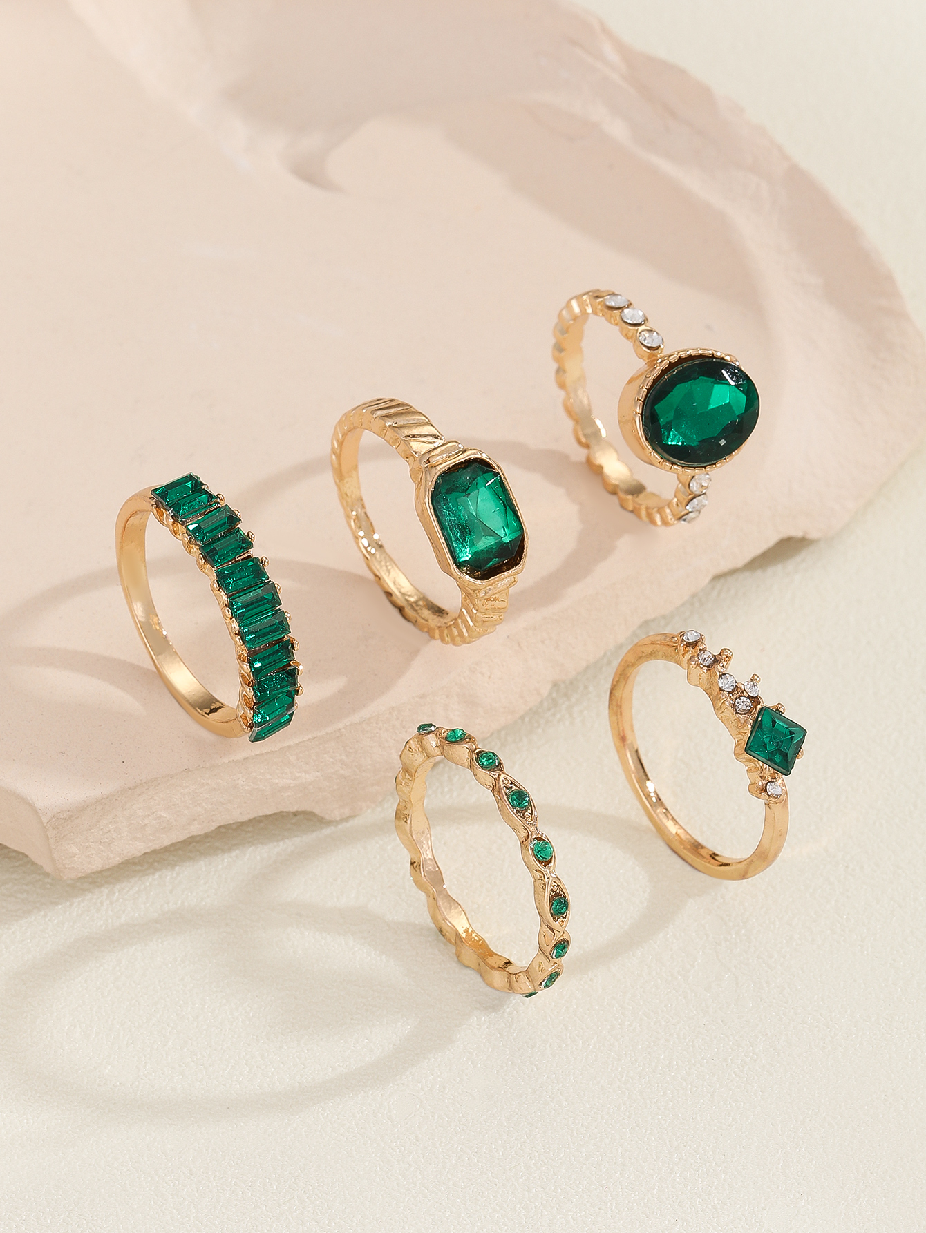 5 Piece Green Fashion Simple Ring Set For Women